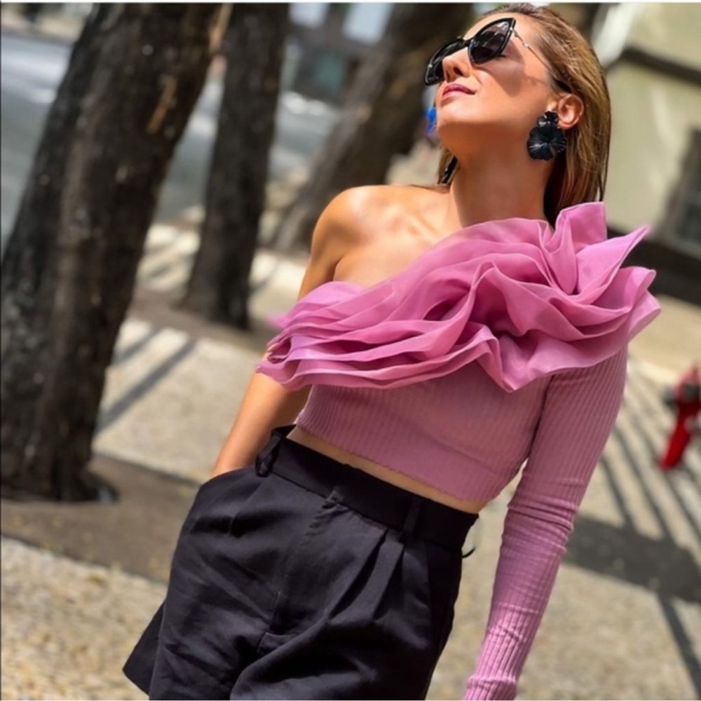 Zara Pink One-Shoulder Ruffled Crop Top